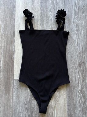 Reformation Black Hampton Ribbed Bodysuit Size L